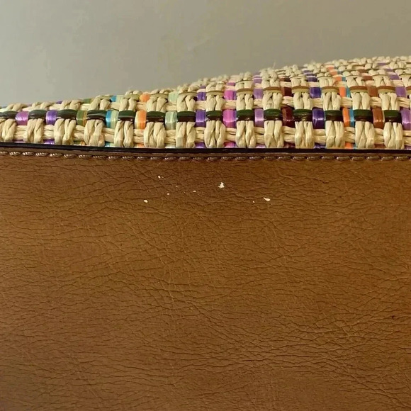 Vtg Fossil Pastel Basket‎ Weave Straw Wood Handle Leather Trim Bag (No Strap) - Picture 7 of 13